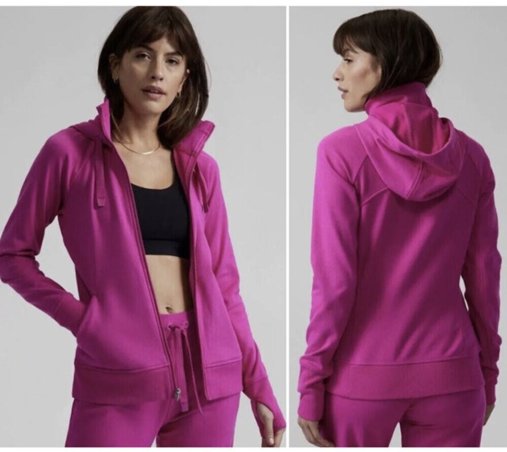 Athleta Triumph Hoodie Full Zip Sweatshirt Fleece Cozy Fuchsia Womens Large